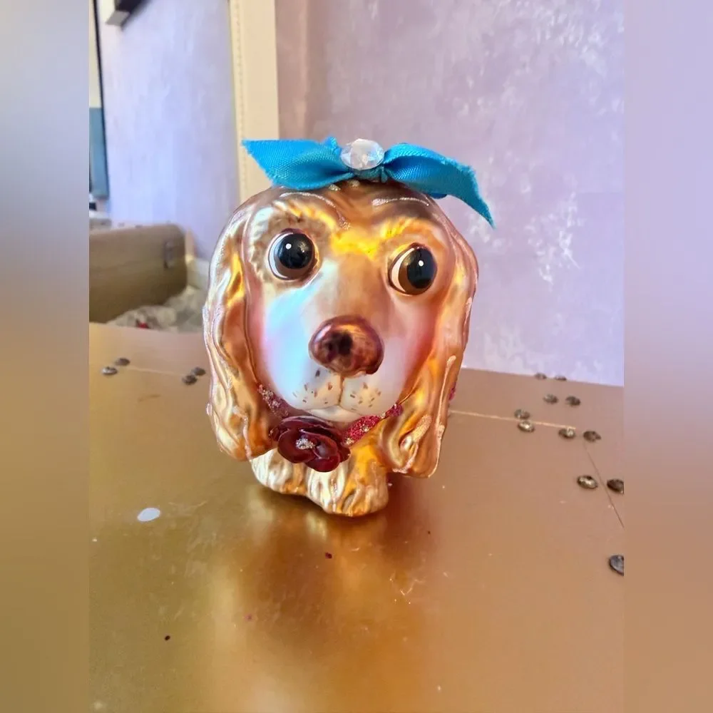 Hand Blown Golden Cocker Spaniel with Pink Tutu & Blue Bow Holiday Ornament